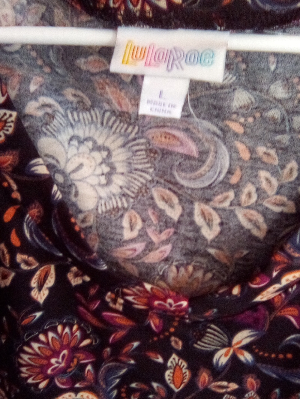 LuLaRoe Black Floral Paisley Top with Pink Orange and Cream
